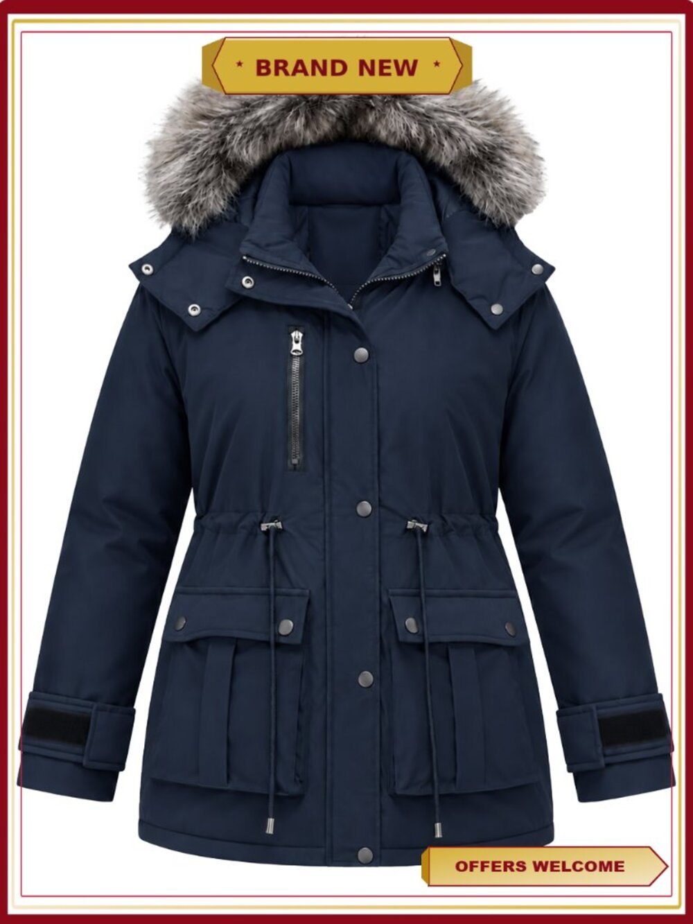 Plus Size Waterproof Puffer Parka Coat Detachable Hood Faux Fur Trim